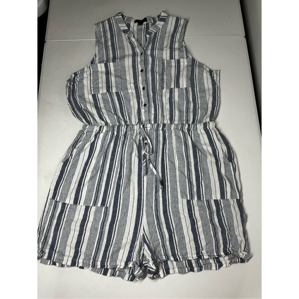 Kelly Renee Romper Large Linen Blend Blue White Stripe Pockets Sleeveless Sz XL